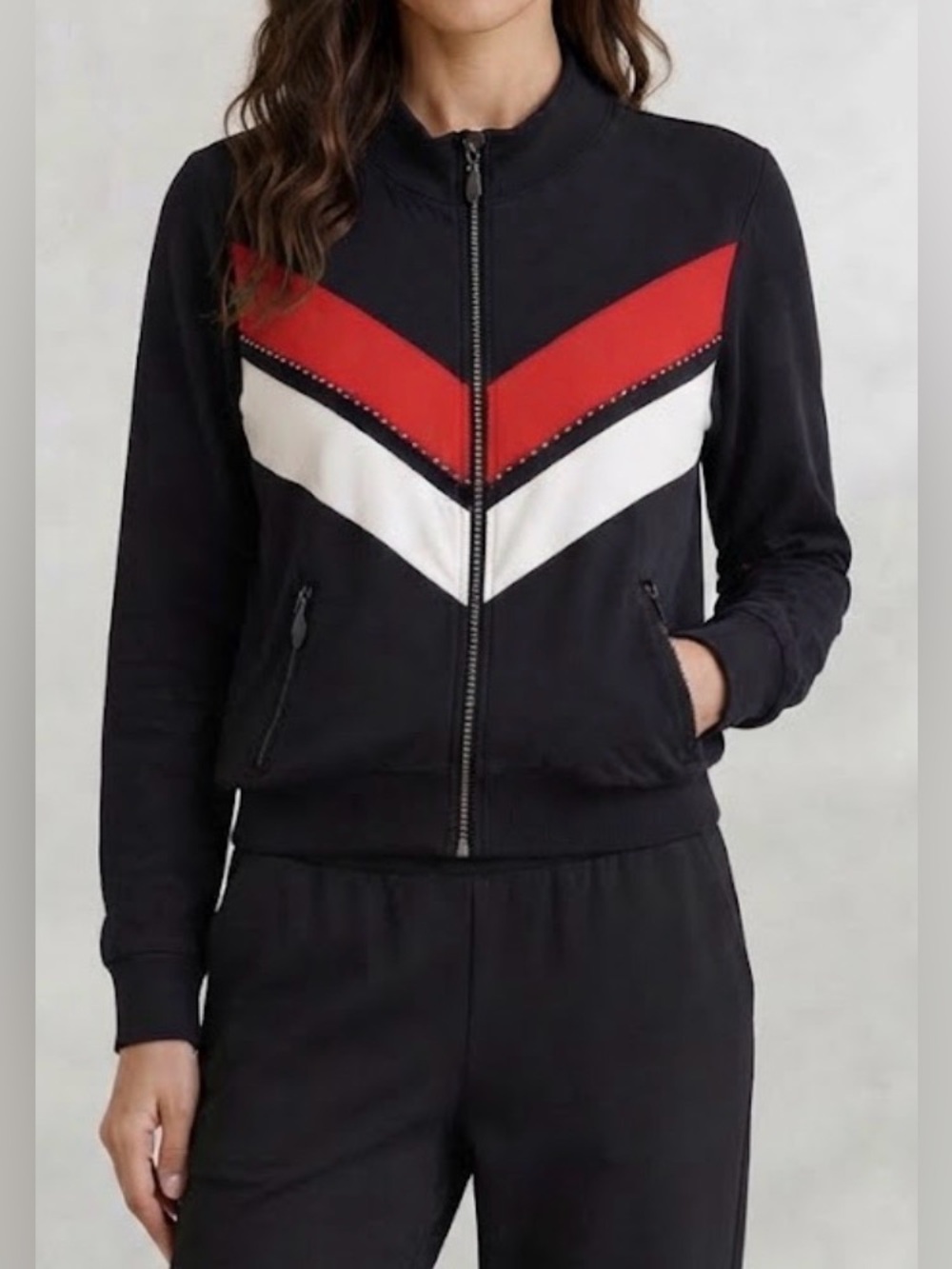 ❤️ Mock neck rhinestone zip up stretch track leisure sweater